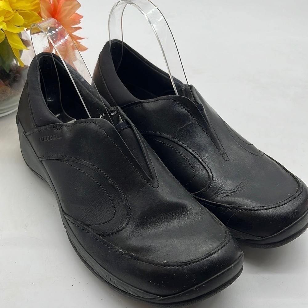 Merrell Black Leather slip On Loafer Q Foam Sz 9.5. MR1091B